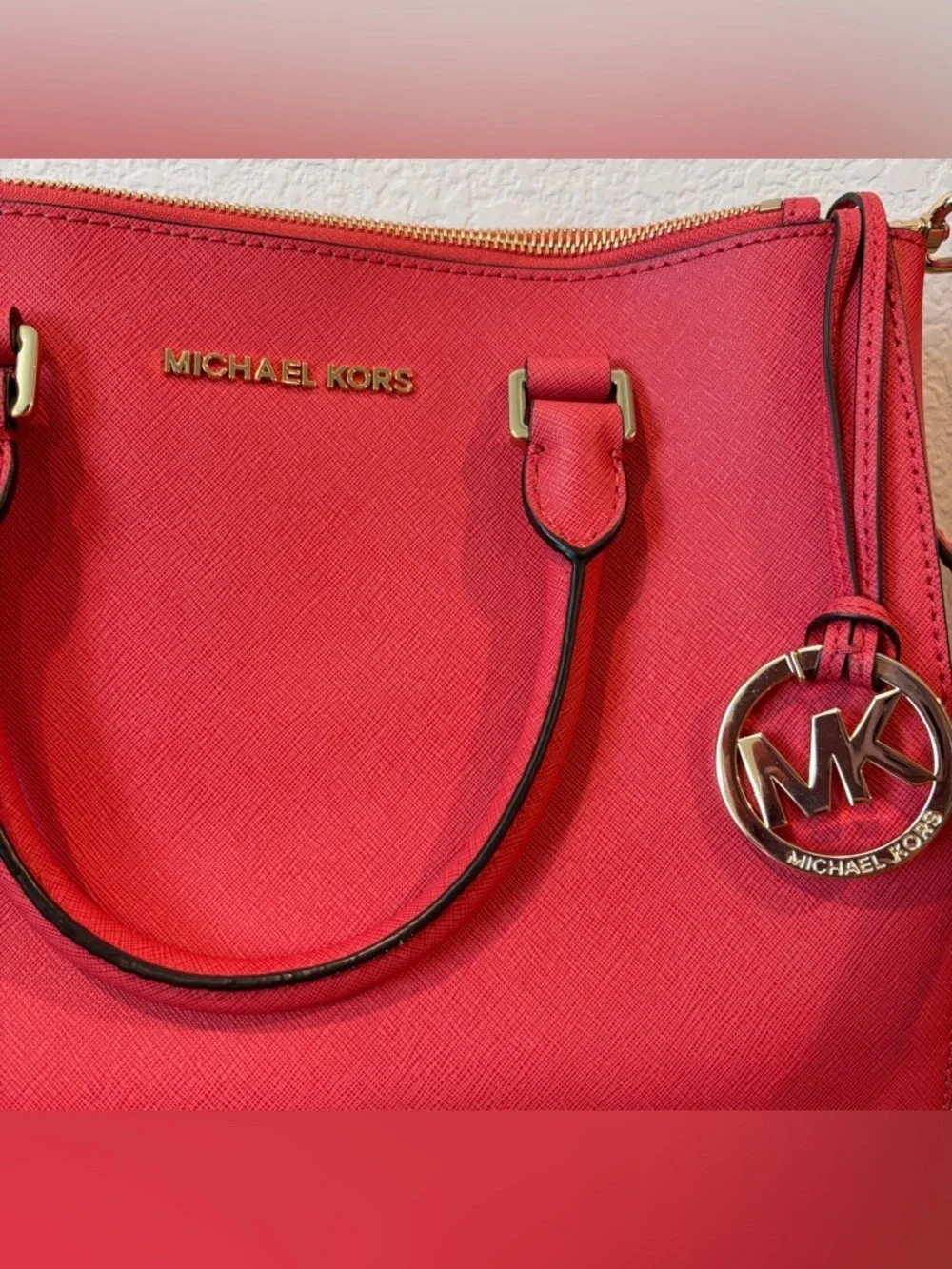 Michael Kors Women’s Watermelon Pink Saffiano Leather Medium Sutton Satchel